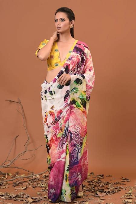 Buy Multi Color Brocade And Viscose Crepe Printed Saree With Blouse For ...