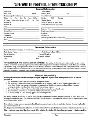 Foothill Optometric Group Patient Registration Form - Blank Fillable ...