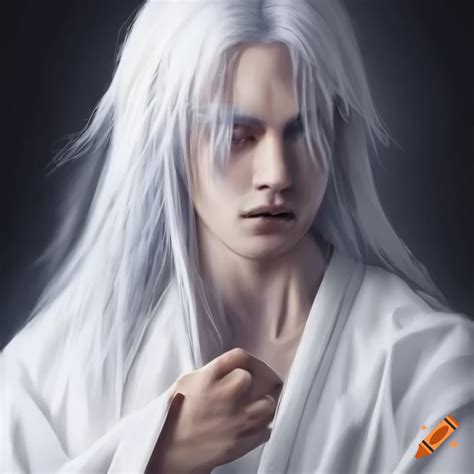 Portrait of a pale man in a white kimono with long white hair on Craiyon