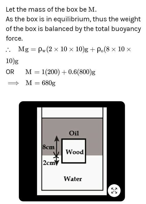 A cubical block of wood 10 cm on a side floats at the interface between ...