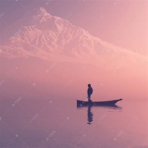 人坐在小船在山湖-3d 例证高清摄影大图-千库网