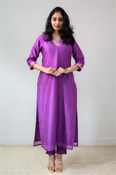 Lavender Maheshwari Silk Collar Straight Kurta - Lobha Deepthis