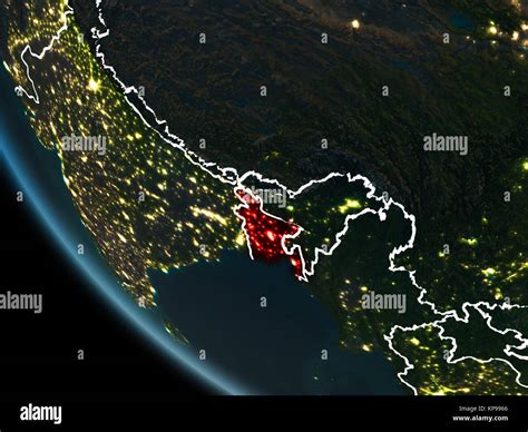 Satellite view of Bangladesh highlighted in red on planet Earth at night with borderlines and ...