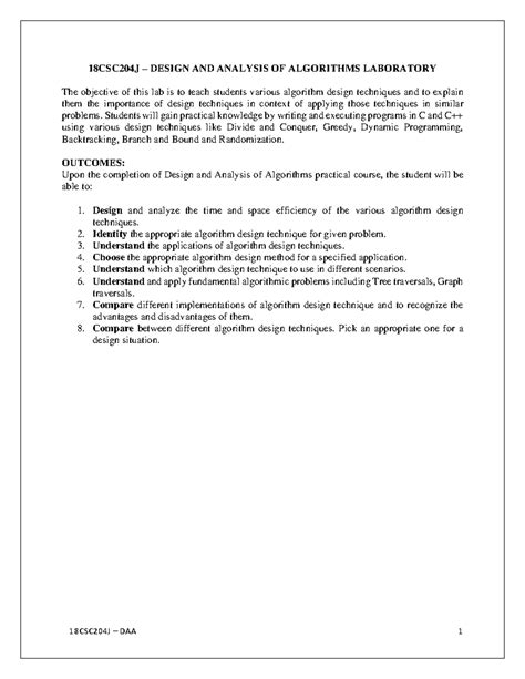 DAA Lab Manual 1 - 18CSC204J Design and Analysis of Algorithms Lab ...
