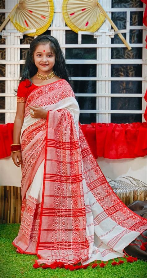 Soft Begumpuri Kids Khadi Cotton Saree With Ready Blouse and Petticoat ...