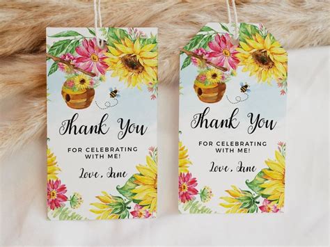 Editable Sunflower Birthday Thank You Tags Bee Sunflower Gift Tags ...