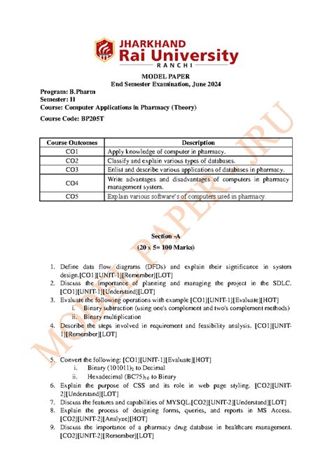 Model Paper for Computer Applications in Pharmacy BP205T - June 2024 ...
