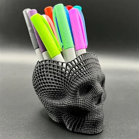 3d Printed Modern Pencil Holder, Wireframe Skull Functional Pen Cup ...
