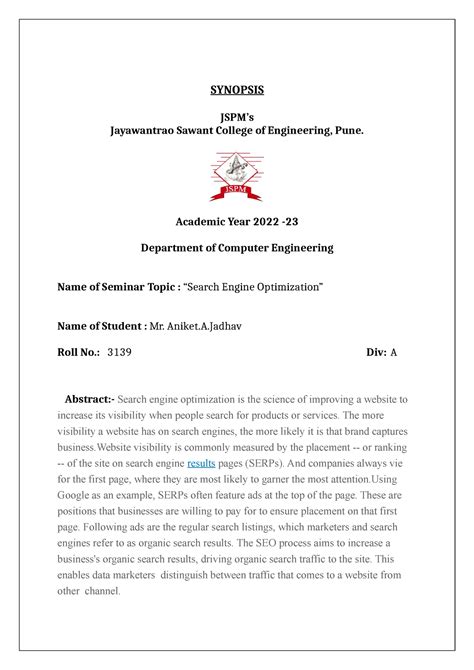 Synopsis SEO - it is synposis of the seminar on this topic - SYNOPSIS ...