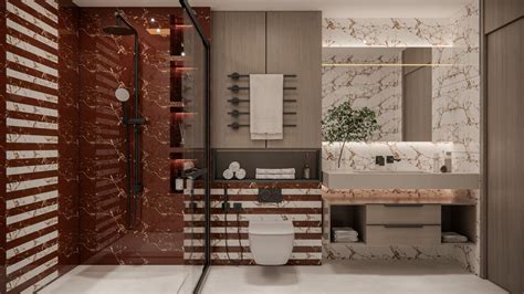 Luxurious Bathroom with Red Marble Accent Wall