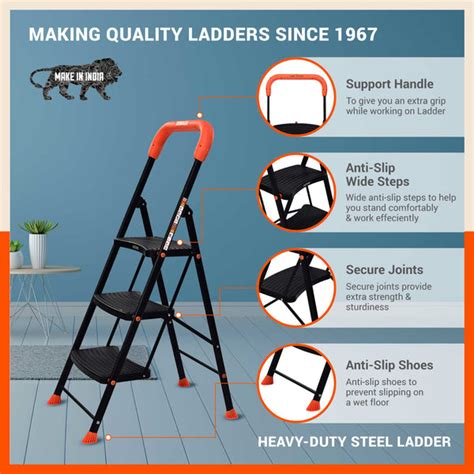 3 Step Heavy Duty Steel Ladder for Home – Bathla Home