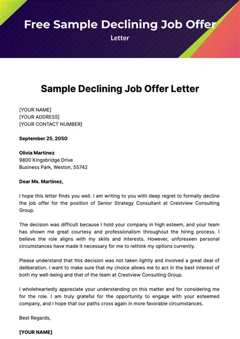 Free Sample Declining Job Offer Letter Template to Edit Online