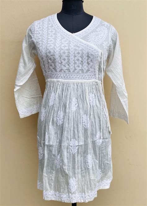 Lucknowi Chikankari Angrakha Short Kurti White Mal Chanderi With Seque ...