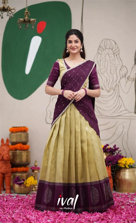 Padmakshi Pastel Yellow and Dark Purplish Wine Blended Silk Halfsaree ...