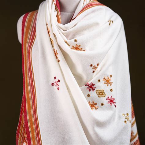 White Kutch Handwoven Mirror Work Acrylic Wool Shawl