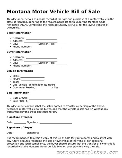 Free Montana Motor Vehicle Bill of Sale Template — Simple PDF Form