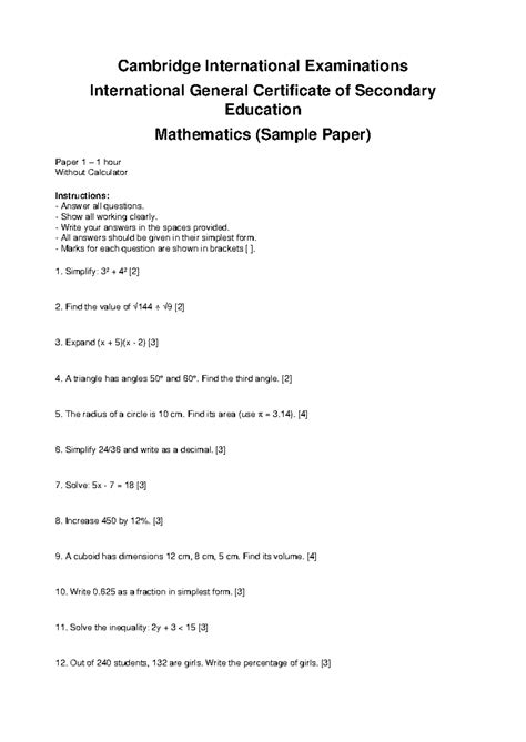 IGCSE Math Sample Paper 1 (Without Calculator) - Studocu