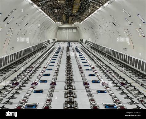 Cargo Airplane - view inside the main deck cargo compartment on a ...