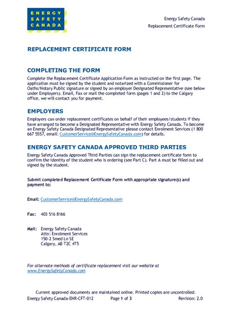 Fillable Online REPLACEMENT CERTIFICATE FORM ... - Energy Safety Canada ...