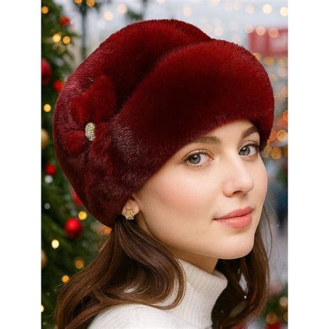 Women's Faux Fur Christmas Hat with Gem Flower Detail, Soft Plush ...