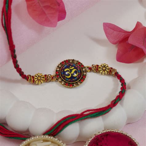 Enamel Om Rakhi For Bhai - Religious Design with Roli Chawal & Card