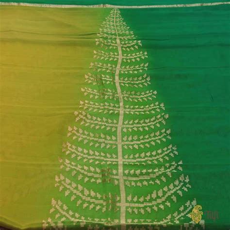 Yellow-Green Ombre Pure Chiffon Georgette Banarasi Handloom Saree - Tilfi