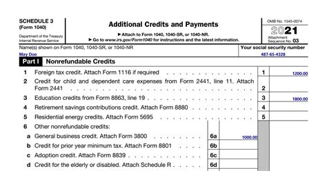 IRS Form 1040 Schedule 3 (2021) - Additional Credits and Payments