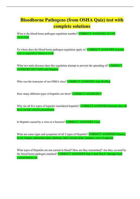 Bloodborne Pathogens (from OSHA Quiz) test with complete solutions ...