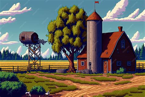 Premium AI Image | Pixel art of farm with barn silo fence and trees ...
