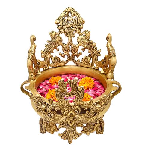 Buy Two Moustaches Elephant and Peacock Design Brass Urli Showpiece ...