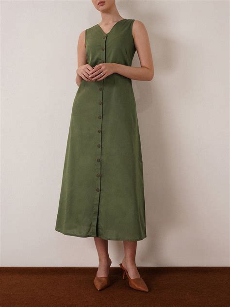 Buy Olive Cotton Button Down A-Line Dress Online | FableStreet