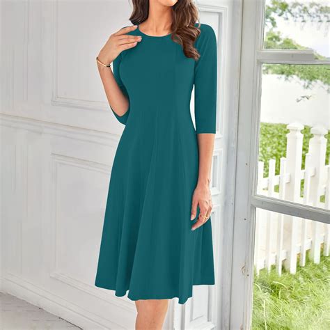 LISTHA 3/4 Sleeve Dress Solid Color Retro Flared Pleated Loose Fit ...