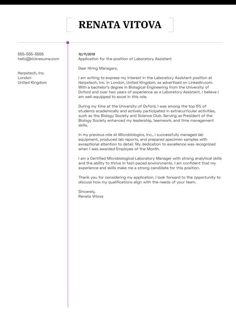 Laboratory Assistant Cover Letter Example | Kickresume