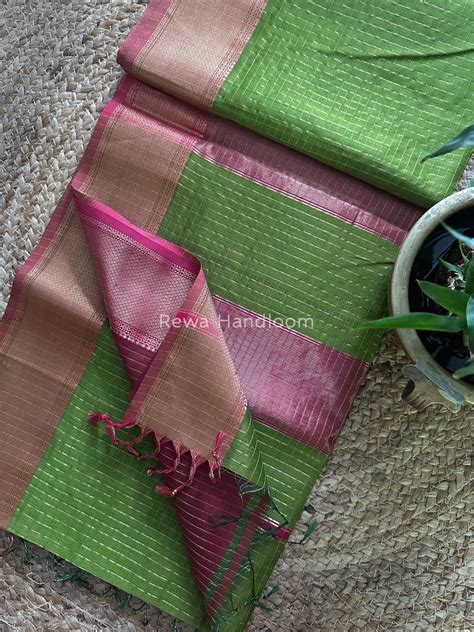 Maheshwari Mehendi Green Zari Checks Saree ZCHX061 – Rewa Handloom