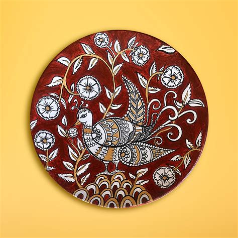 Buy Red Kalamkari Peacock Wall Plate Online On Zwende