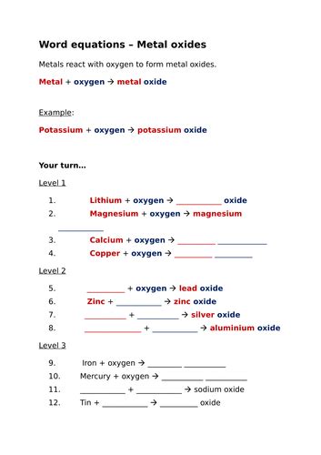 Metal oxide word equations - Colour-coded worksheet | Teaching Resources