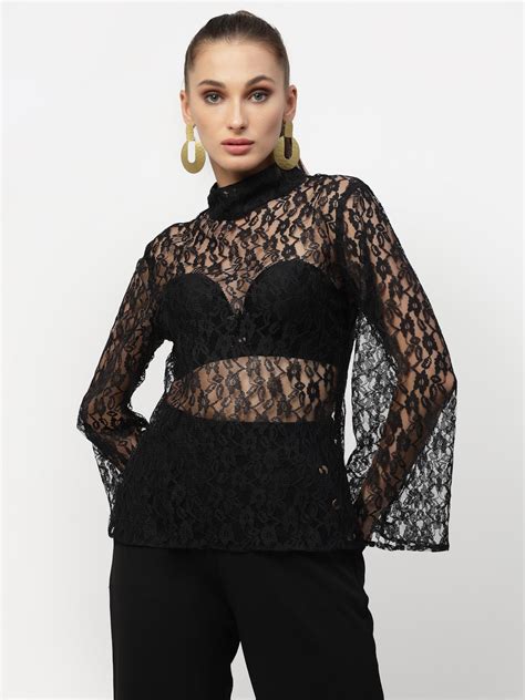 Black Lacy High Neck Top With Waistcoat Tunic