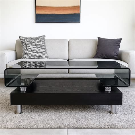 Obsidian Arc – Curved Glass & Ebony Wood Modern Center Table - Orient ...