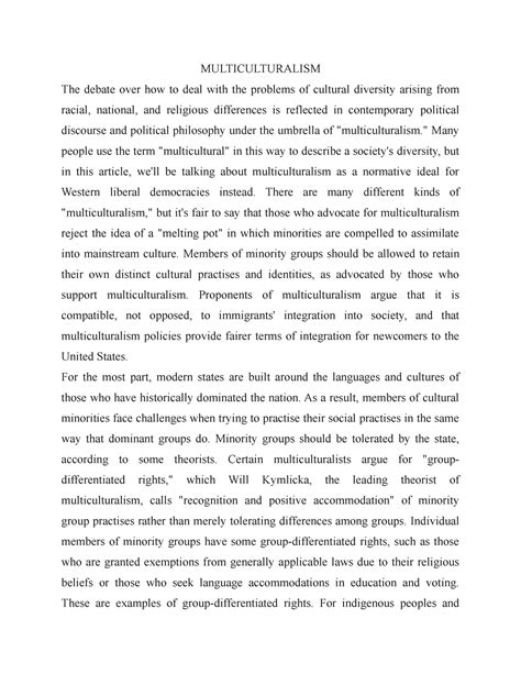 Multiculturalism - MULTICULTURALISM The debate over how to deal with ...