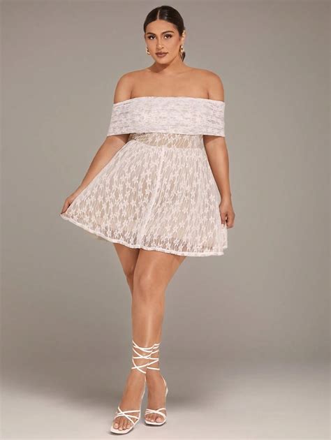 SHEIN BAE Plus Size Sweet Hot Girl One-Shoulder White Lace Summer A ...