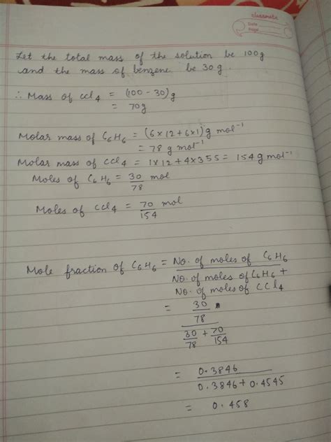 Calculate mole fraction of benzene in solution containing 30 by mass in ...