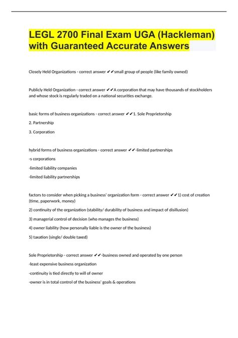 LEGL 2700 Final Exam UGA (Hackleman) with Guaranteed Accurate Answers ...