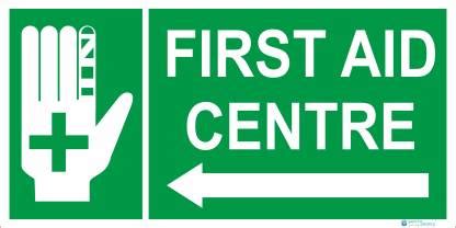Safety World First Aid Center sign-left Side Direction-With Hand Sign ...