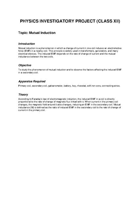 PHYSICS INVESTIGATORY PROJECT (CLASS XII): Mutual Induction Study - Studocu