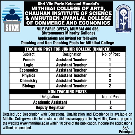 Assistant Teacher - French job vacancy at Mithibai College of Arts ...