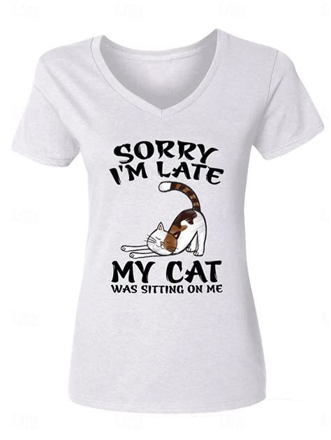 Women's T Shirt Casual Cat Letter Print Short Sleeve Regular Tops V ...