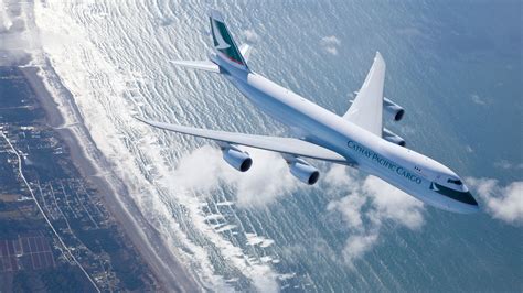 Download wallpaper Sea, Beach, Shore, Flight, The plane, Cargo, Cathay ...