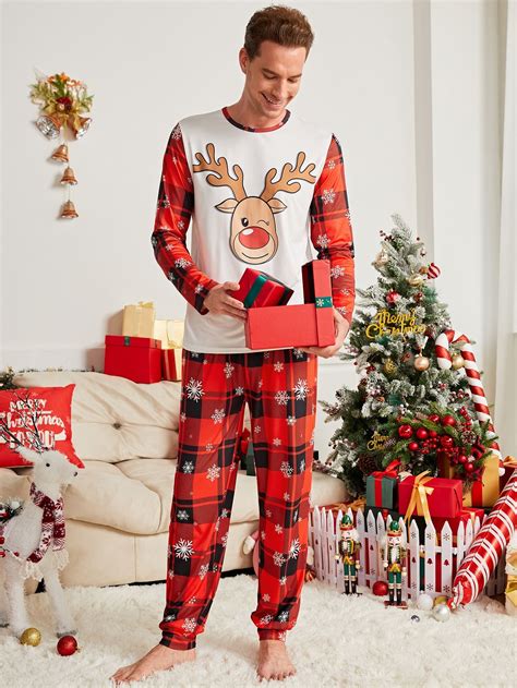 Men Christmas Elk & Plaid Print PJ Set | Mens christmas pajamas ...