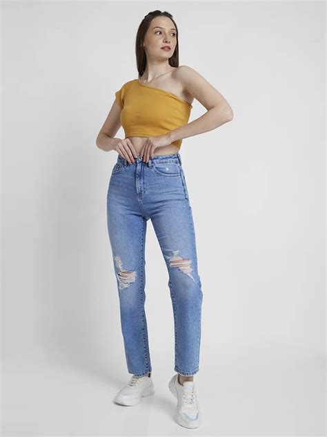 Spykar Women Light Blue Cotton Straight Fit Regular Length Mild ...