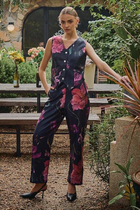 Buy Black Twill Embroidery V-neck Jenny Floral Print Waistcoat And Pant ...